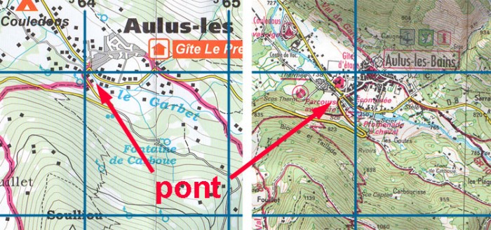 Spanish Alpina map (left) and French IGN equivalent (right). The difference in position of the yellow D8 road is particularly noticeable