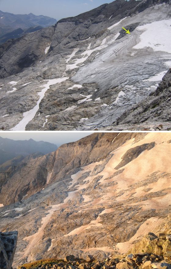 Le glacier d'Ossoue (sur le versant est du Vignemale) est en train de fondre. On voit clairement les dégâts ici, sur des photos prises en 2005 et 2018. Cliquer pour agrandir. 
